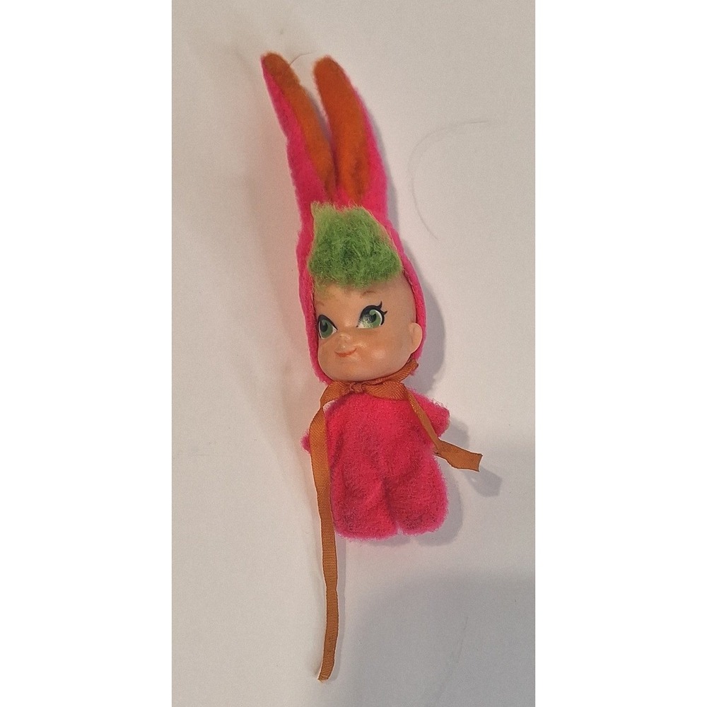 Vintage Liddle Kiddle Doll Pink Bunny Suit Green Hair Kitsch Collectible 4"